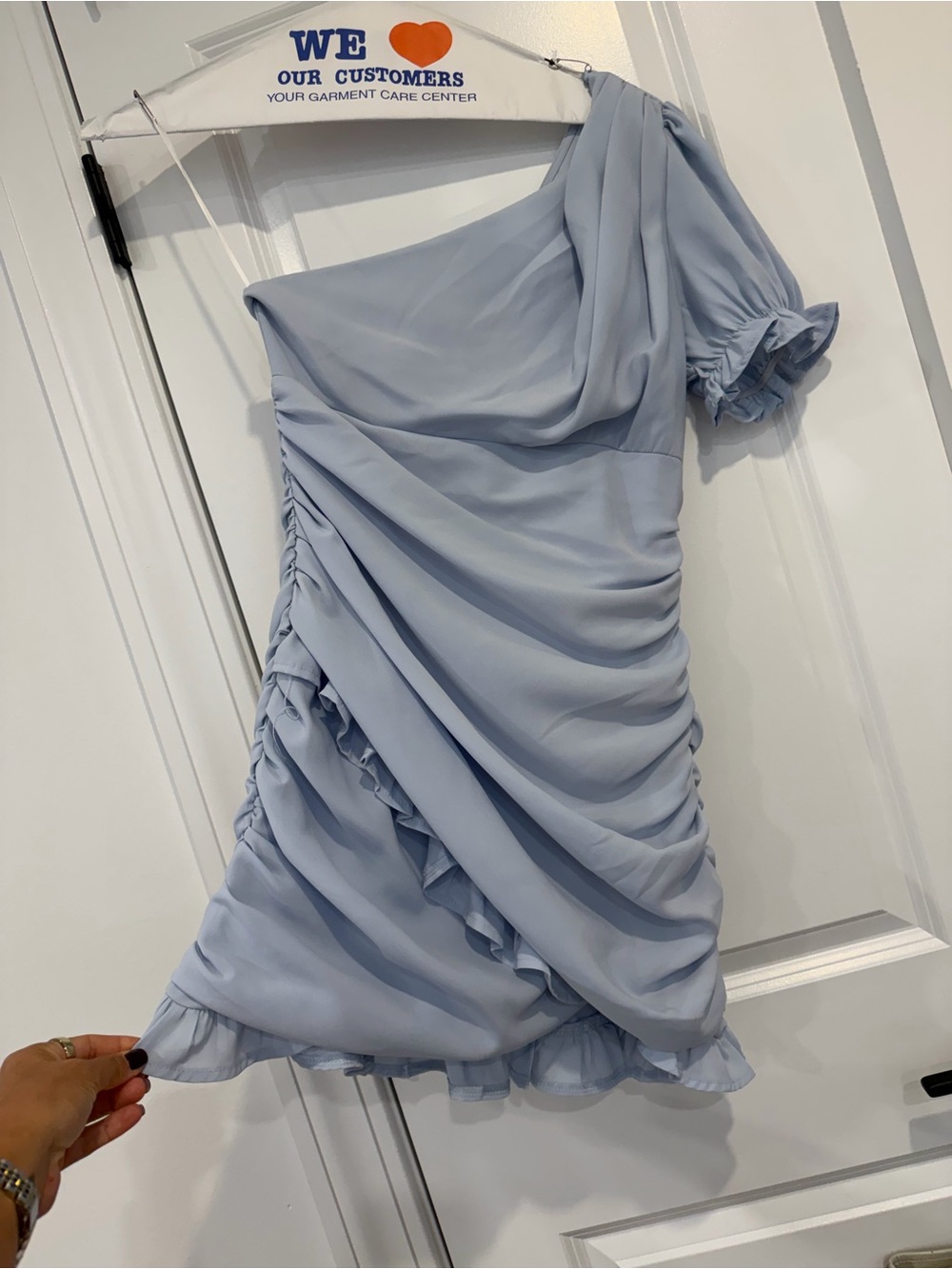 Hello Molly One-Shoulder Light Blue Ruffle Mini Dress